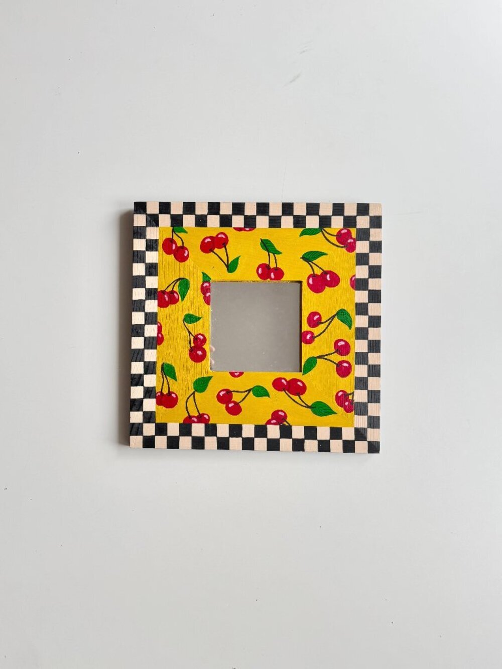 Handmade Handpainted Yellow Cherry Patterned Checkered Framed Square Mirror